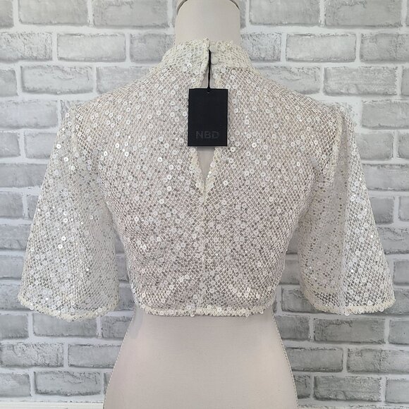 NBD Ibiza Sheer Mesh White Sequin Top Glam Crop NEW Womens Small Layering - Picture 3 of 9